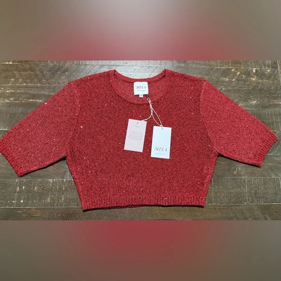 NWT MISA Los Angeles Darya Sparkle Sequin Crop Top in Lipstick Red Sz Medium